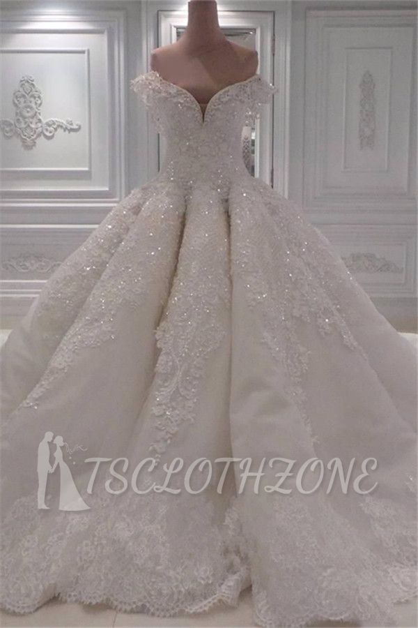 Elegante Off Shoulder Lace Brautkleider 2022 | Bezauberndes perlenbesetztes Brautballkleid