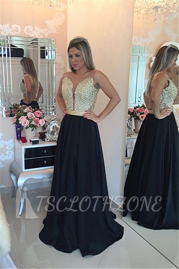 2022 Black Prom Dresses Sleeveless Gold Beads Illusion Back Evening Gowns