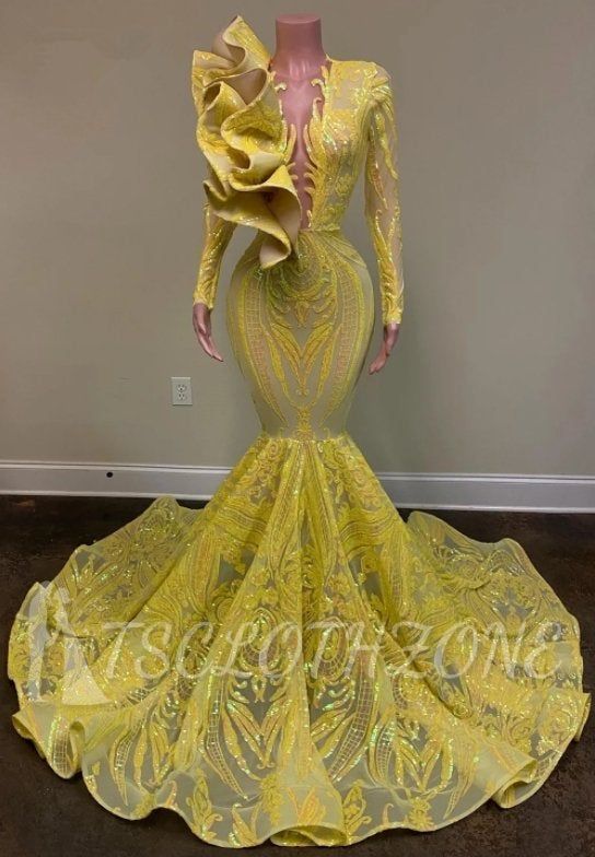 Yellow flowers neckline mermaid sequin prom dress