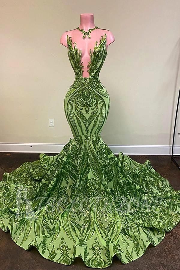 Grünes Pailletten-Abschlussballkleid im Meerjungfrau-Stil mit V-Ausschnitt und Hofschleppe