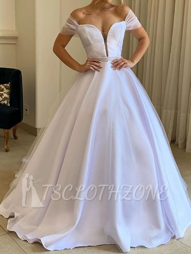 Country Plus Size A-Line Wedding Dress Off Shoulder Tulle Short Sleeve Bridal Gowns with Sweep Train