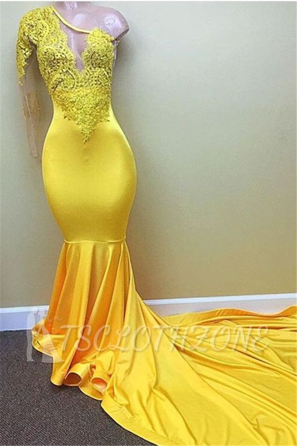 New Arrival Yellow One Shoulder Mermaid Prom Dresses 2022 Long Sleeves Appliques Evening Dresses