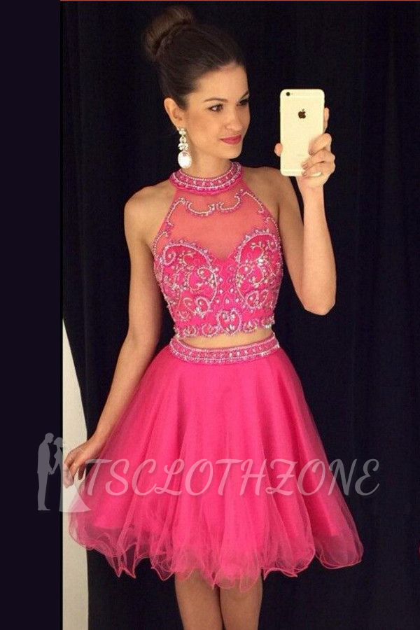 Fuchsia Two Piece Crystal Homecoming Dresses New Arrival Sleeveless Mini Cocktail Gowns