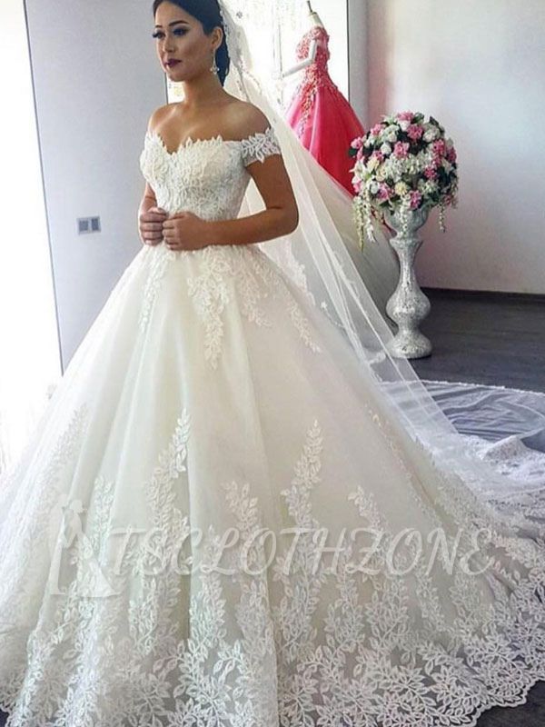 Luxury Off The Shoulder Tulle Lace White Ball Gown Wedding Dresses