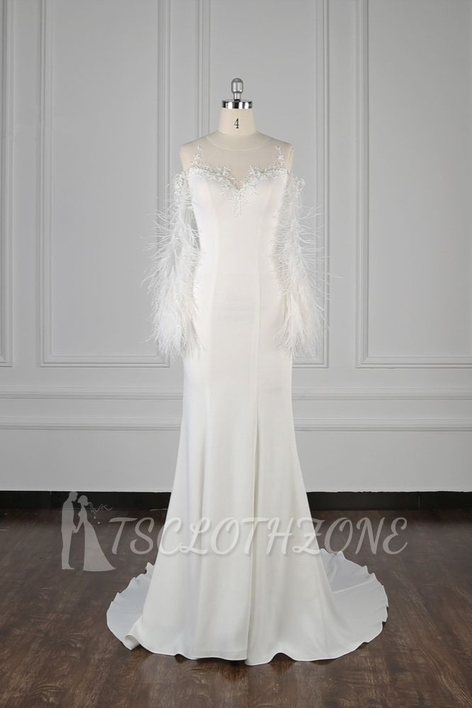 TsClothzone Chic Jewel ärmelloses weißes Chiffon-Hochzeitskleid Meerjungfrau-Applikationen Brautkleider mit Pelz Onsale