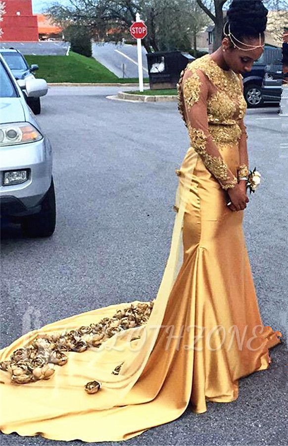 2022 Gold Lace Prom Dresses with Flowers | Open Back Long Sleeve Popular Evening Gown