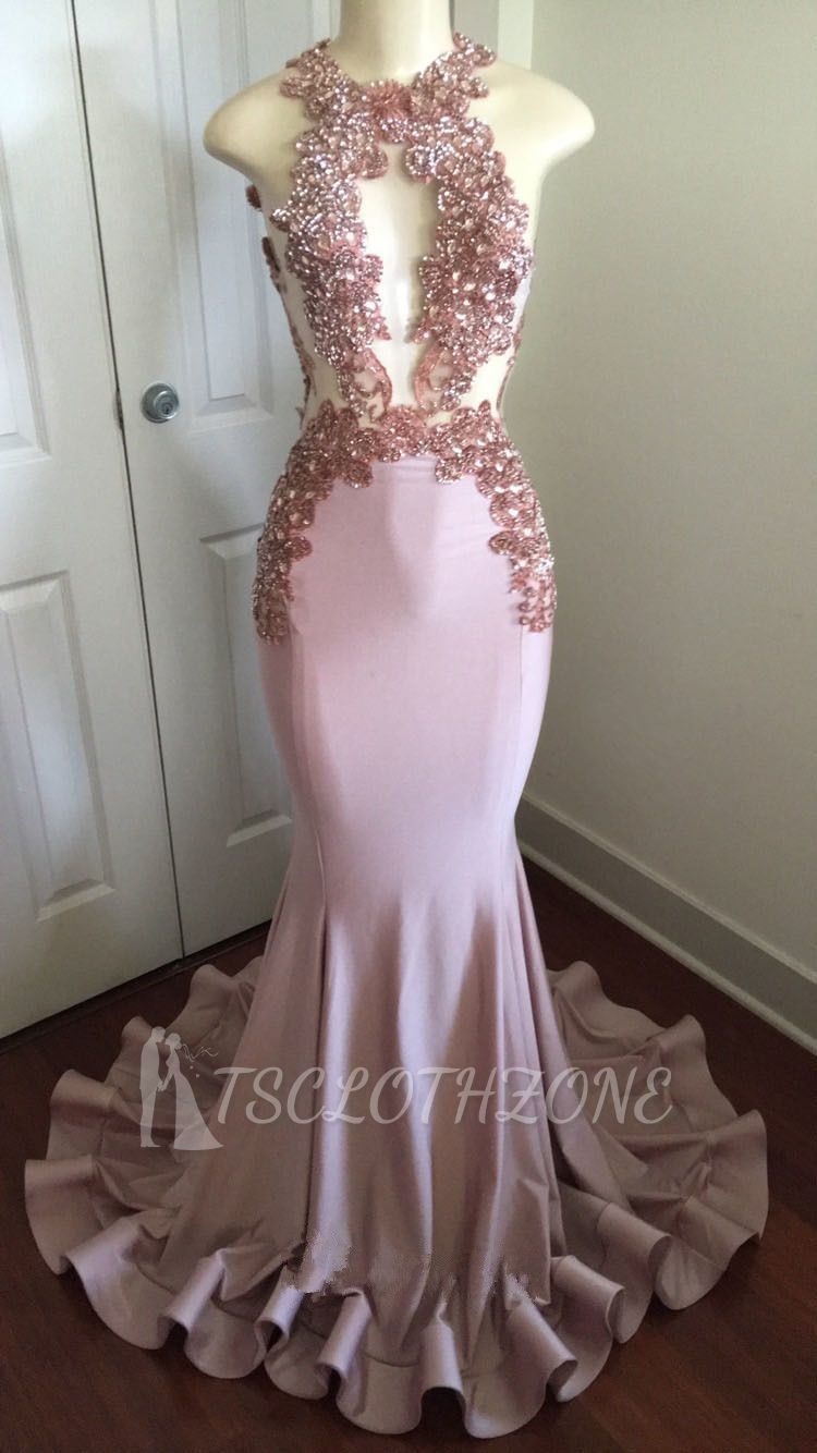 Pink Sleeveless Mermaid Prom Dresses 2022 | Open Back Beads Crystals Appliques Evening Gown