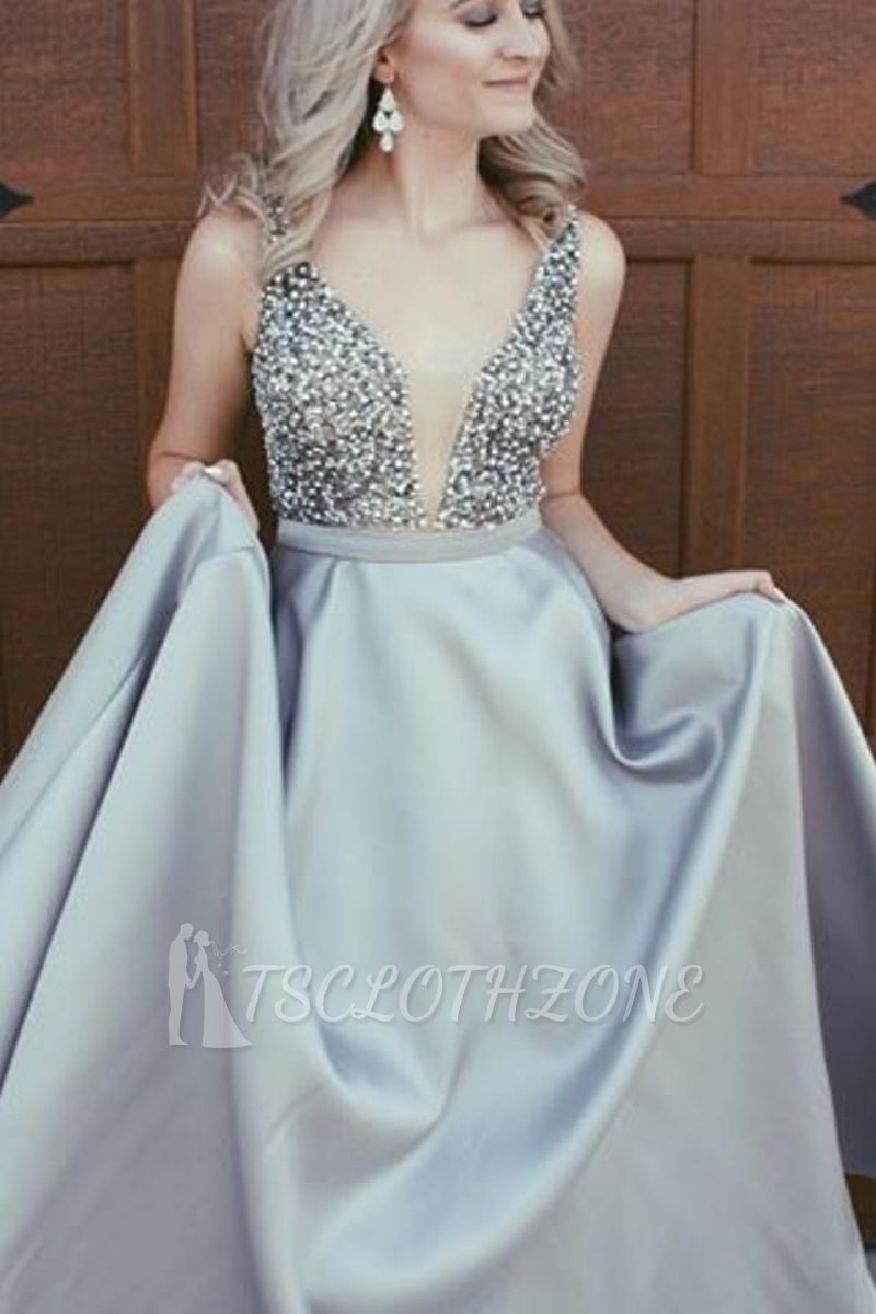Elegant Sparkly Beads Top A-line Evening Dress Open Back Stretch Satin Prom Gown