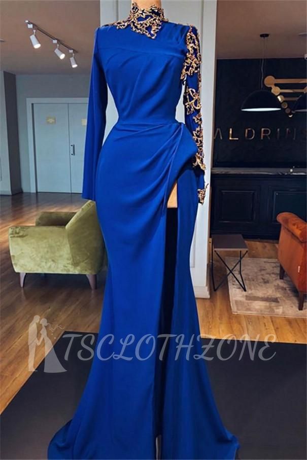 Royal Blue High Neck Side Slit Mermaid Prom Dresses | Elegant Long Sleeves Appliques Evening Gowns