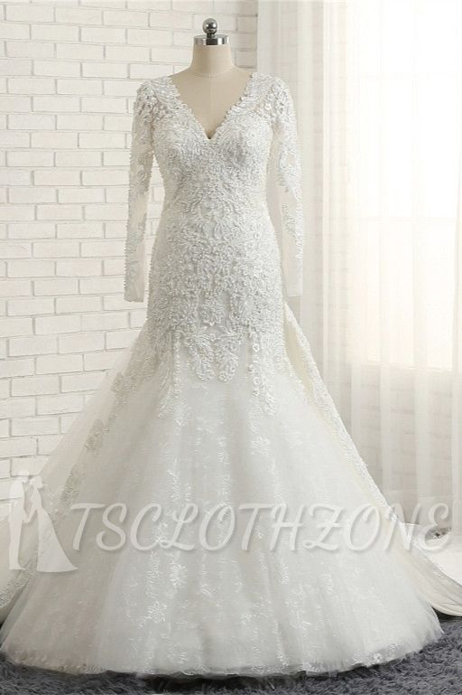 TsClothzone Unique Mermaid Longsleeves V-neck Wedding Dresses White Lace Bridal Gowns With Appliques On Sale