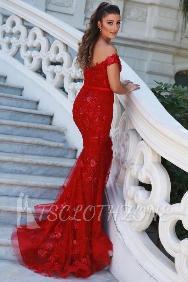 Elegant Long Red Card-Shoulder Evening Dress | Glitter prom dresses