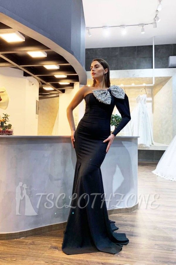 Elegant One-shoulder Black Sequined Bow Evening Dresses