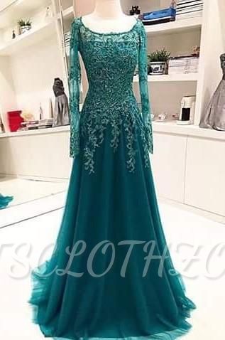 A-Line Long-Sleeves Lace Appliques 2022 Scoop Beaded Blue Evening Dress