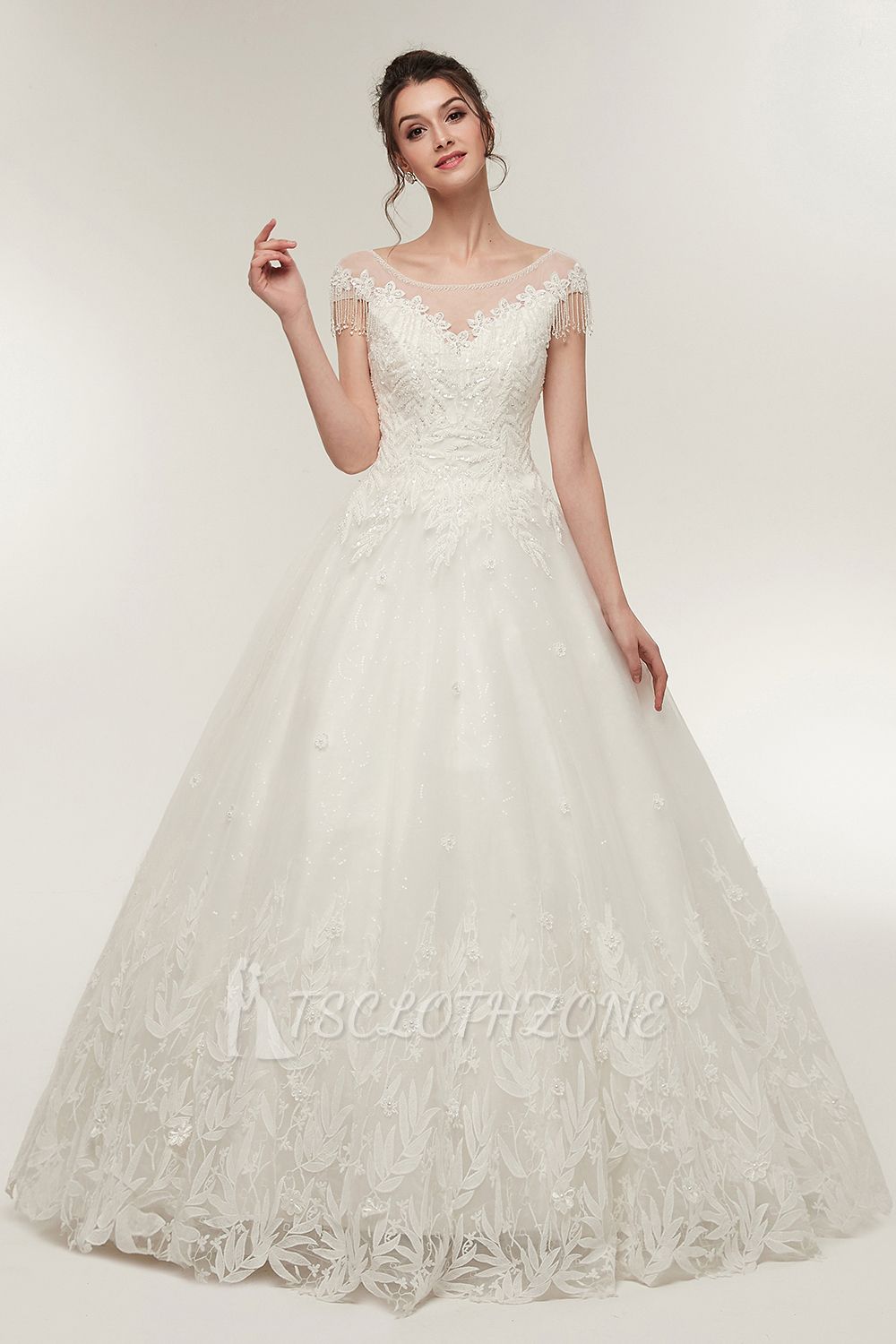 YVETTE | A-line Cap Sleeves Scoop Floor Length Lace Appliques Wedding Dresses with Crystals