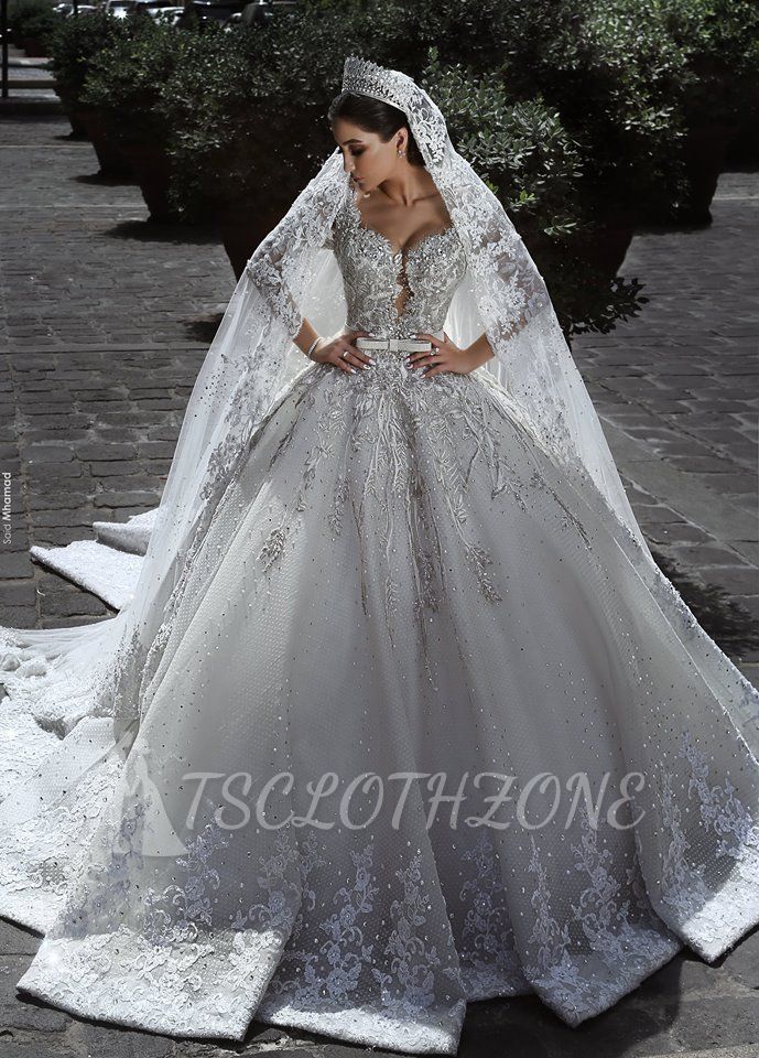 Glamorous Long Sleeves Tulle Appliques Wedding Dresses Crystal Bridal Ball Gowns with Bow