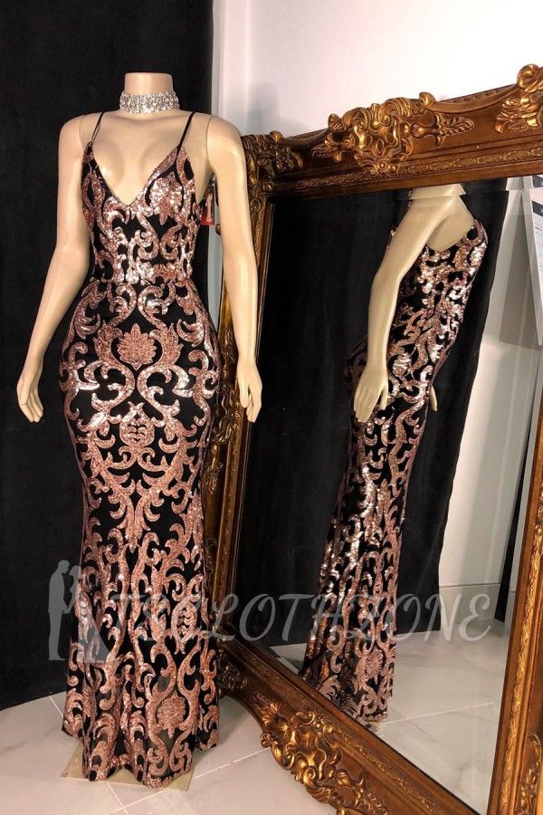 Trendy Sequins Appliques V-neck Spaghetti Long Mermaid Prom Gowns