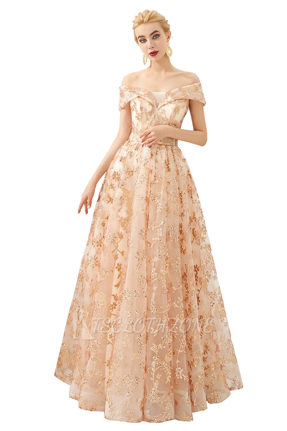 Hale | Romantic Off-the-shoudler Rose Gold Lace-up Tulle Prom Dress with Sparkly Appliques