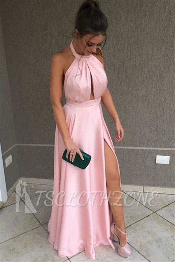 Amazing Pink Halter Side-Slit Prom Dresses | Sleeveless Evening Dresses with Keyhole