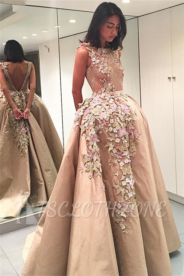 Champange Sleeveless Puffy Prom Dresses with Butterflies Flowers | Appliques V-Back Evening Dresses