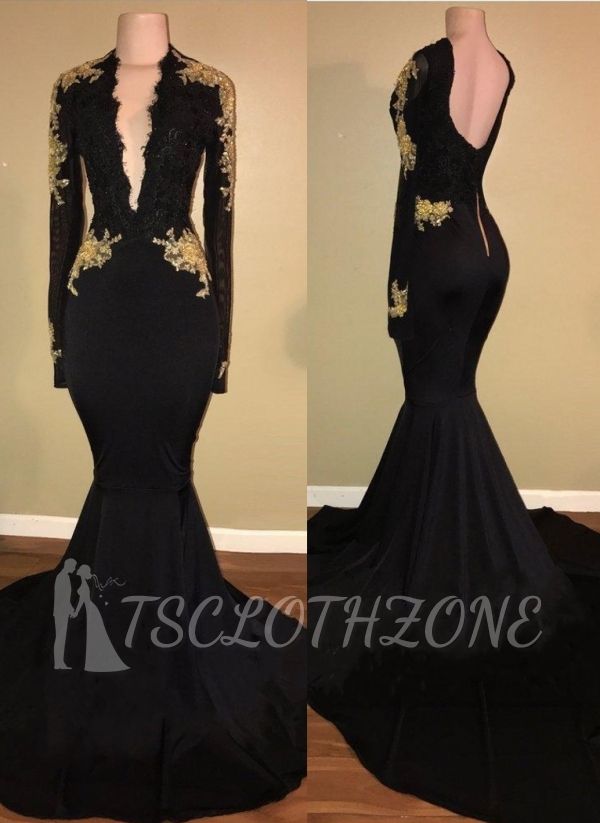 Sexy Black and Gold Prom Dresses | Deep V-Neck Long Sleeves Evening Gowns