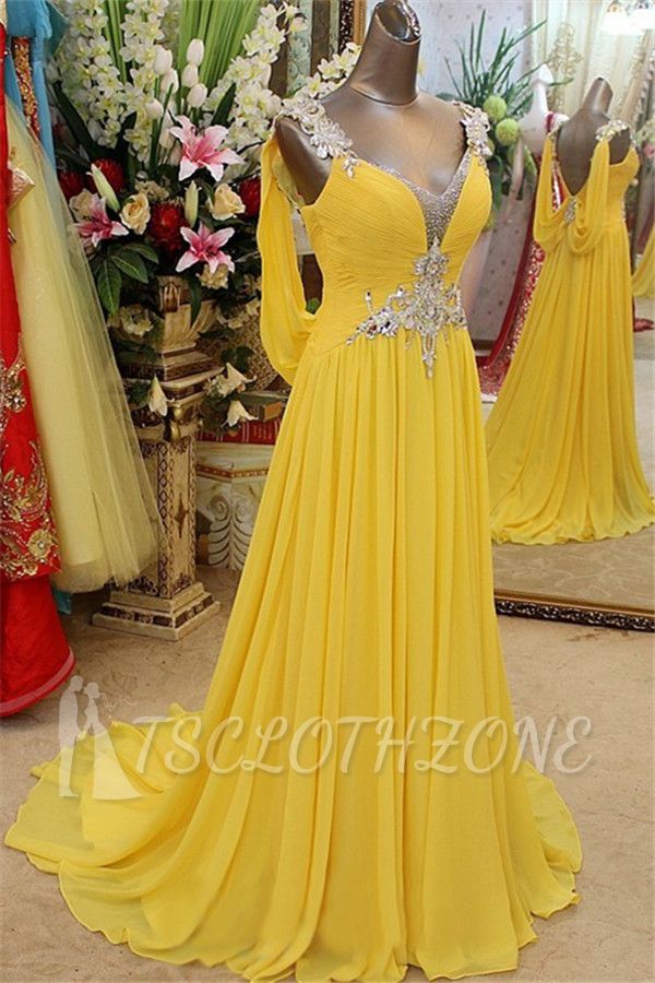 Affordable Yellow Spaghetti Strap Open Back Prom Dresses | Sleeveless Applique Evening Dresses with Beads