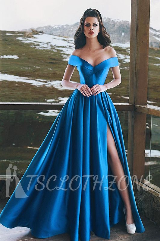 Blue Off-the-Shoulder Prom Dress | Long Evening Gowns With Slit BA8863