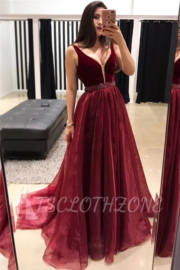 Sleeveless Burgundy Sexy Evening Dress | V-neck 2022 Cheap Formal Dresses