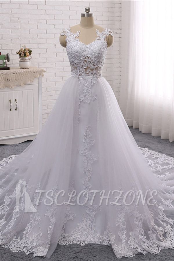 TsClothzone Stylish Jewel Mermaid Lace Appliques Wedding Dress White Sleeveless Beadings Bridal Gowns with Overskirt On Sale