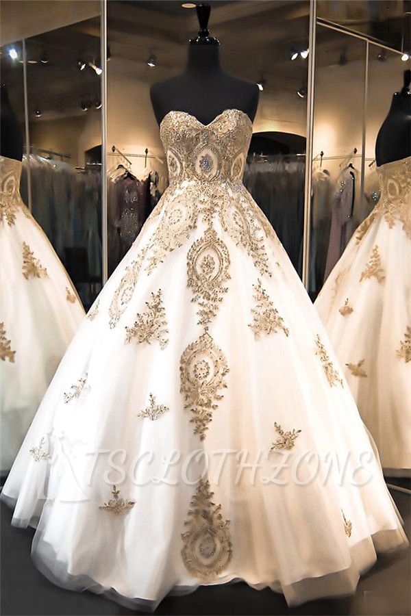 Elegant Sweetheart Gold Lace Wedding Dresses Sparkly Ball Gown Bridal Dress