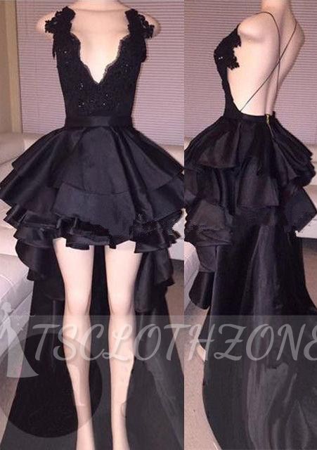 Sexy Abendkleid aus schwarzer Spitze 2022 mit V-Ausschnitt und offenen Rückenträgern, kurzes Ballkleid mit langer Schleppe