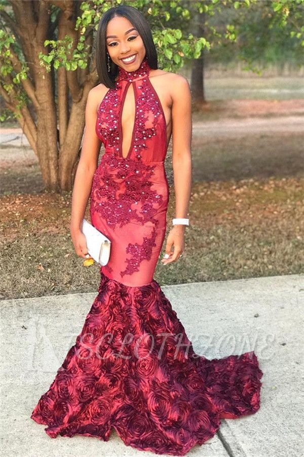 New Arrival Mermaid High Neck Prom Dresses Appliques Evening Gowns with Beadings