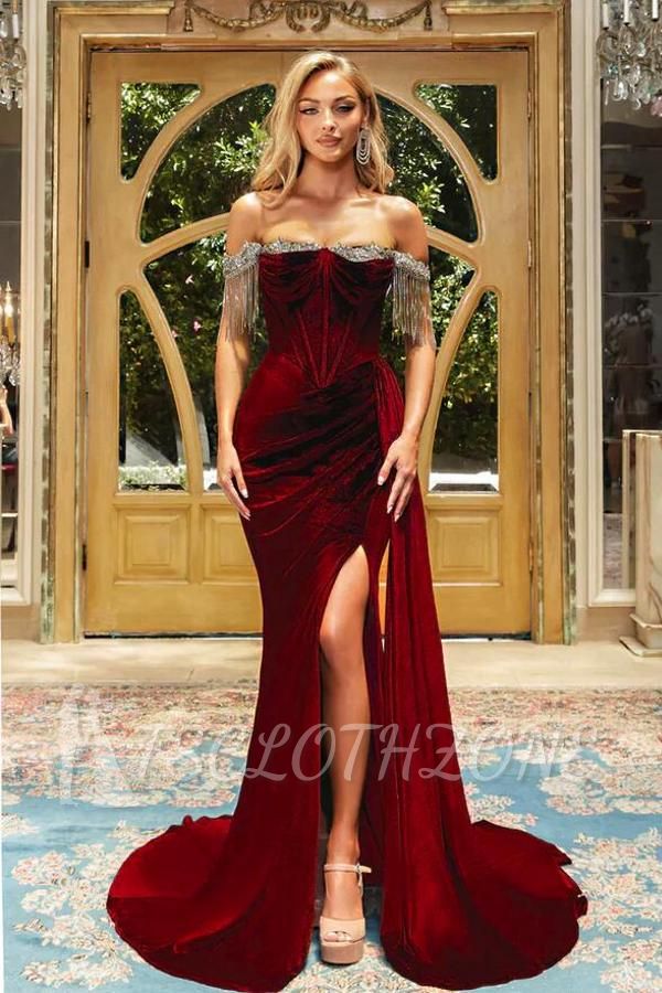 Designer Burgundy Off Shoulder Velvet Long Prom Dresses Evening Gowns
