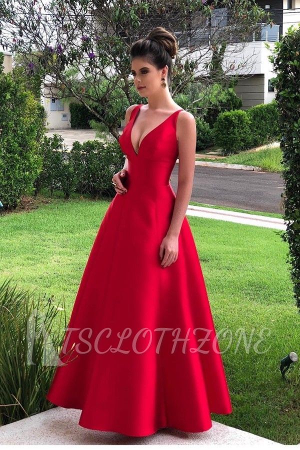 Hot Sleeveless Red Deep V-neck A-line Backless Prom Dress Online