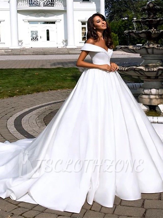 Affordable Ball Gown A-Line Wedding Dress Off Shoulder Short Sleeve Bridal Gownswith Cathedral Train