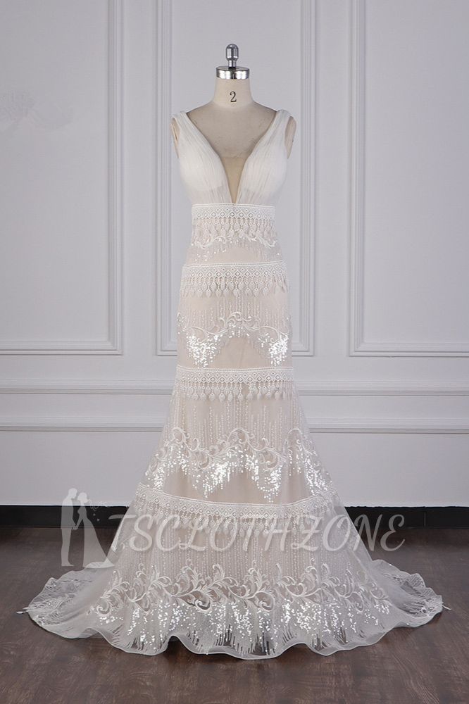 TsClothzone Wunderschöne Brautkleider mit V-Ausschnitt, Tüll und Perlenbesatz, Etui-Brautkleider mit Quasten im Angebot