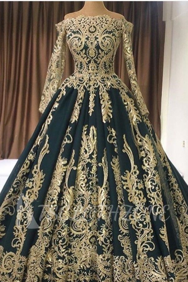Luxury Off Shoulder Long Sleeves Gold Appliques Evening Gown
