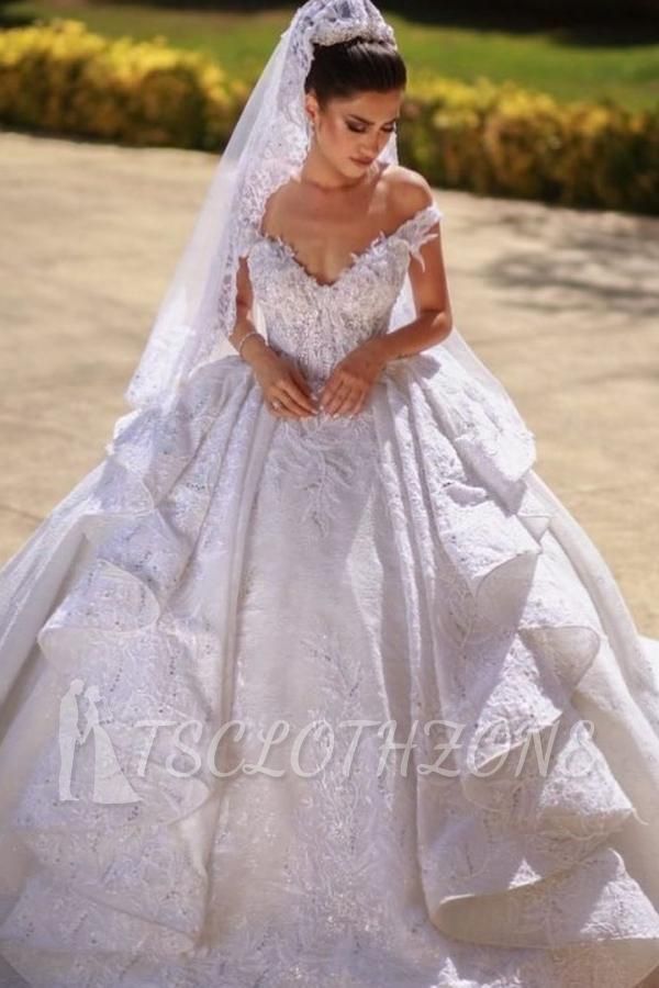 Gorgeous Off Shoulder Princess Ball Gown Bridal Gown with Cathedral Train