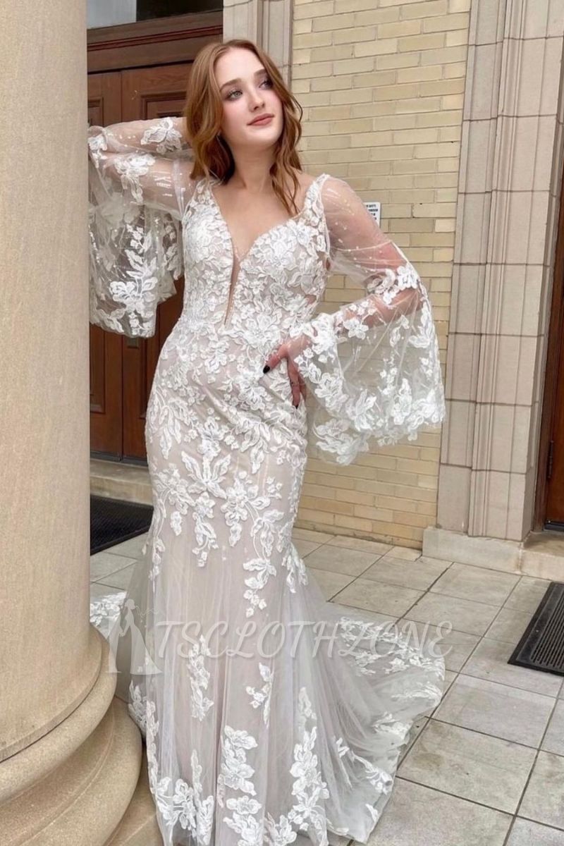 Gorgeous White Ruffle Sleeve Tulle Lace Appliquéd Mermaid Wedding Dress