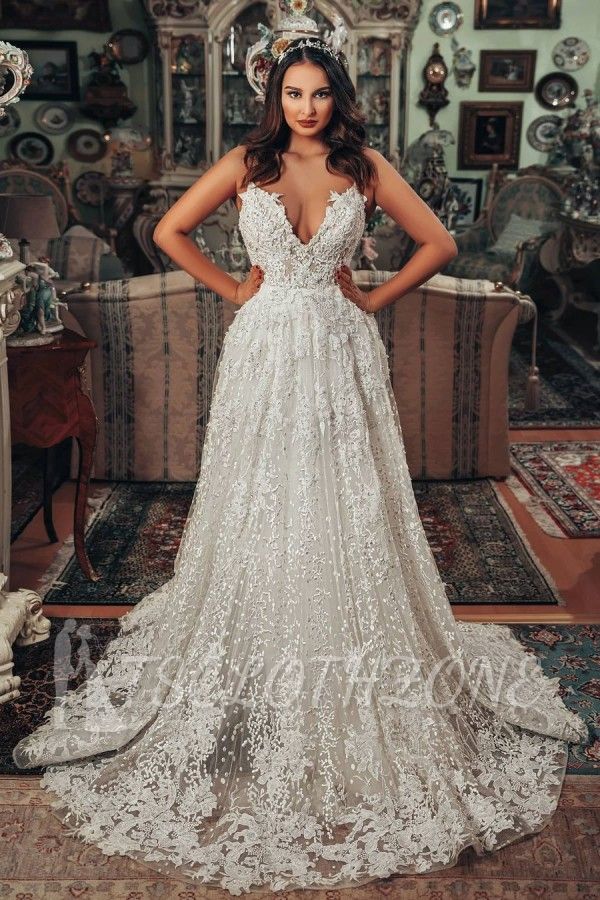 Elagent 3D Floral Lace Aline Simple Wedding Dress