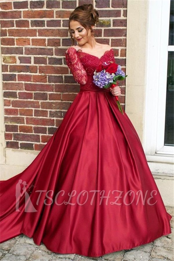Off The Shoulder Long Sleeve Evening Dresses Dark Red V-neck Pretty 2022 Wedding Dresses