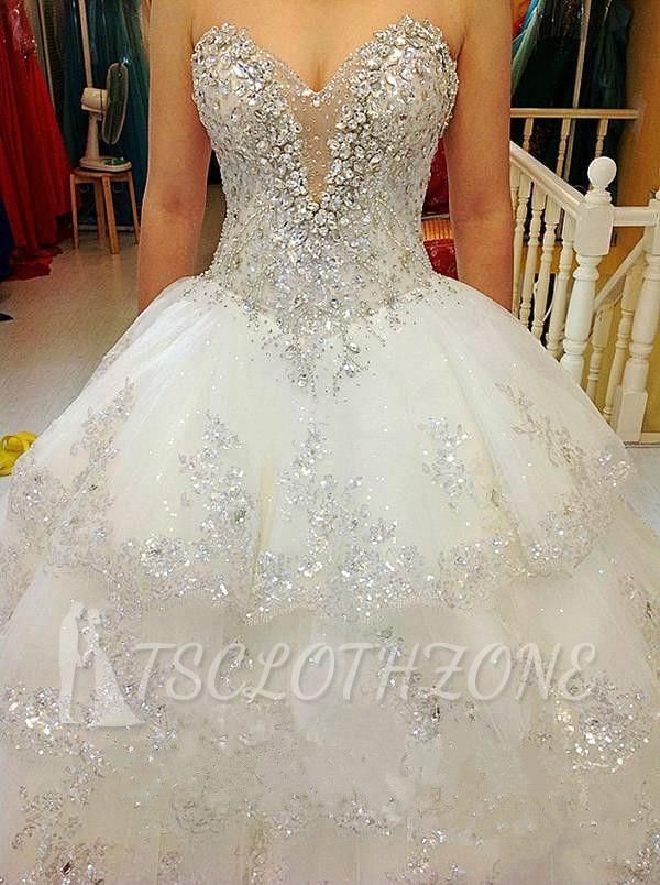 Glarmours Bridal Dresses Sequined Beading Crystal Tiered Sweep Train Ball Gown Chiffon Wedding Gowns