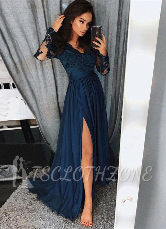 Newest Long Sleeve Lace Beads Prom Dress | Front Split Prom Dress
