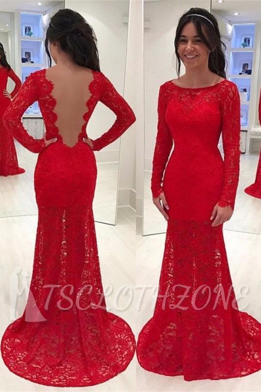 Elegante rote Meerjungfrau-Spitze-Abschlussballkleider 2022 mit langen Ärmeln und U-Ausschnitt-Abendkleidern