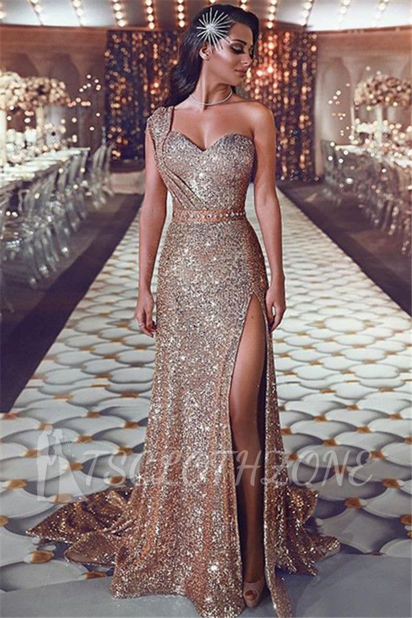 One Shoulder Sexy Split Gold Sequins Evening Dresses | Sleeveless Cheap Prom Dresses 2022