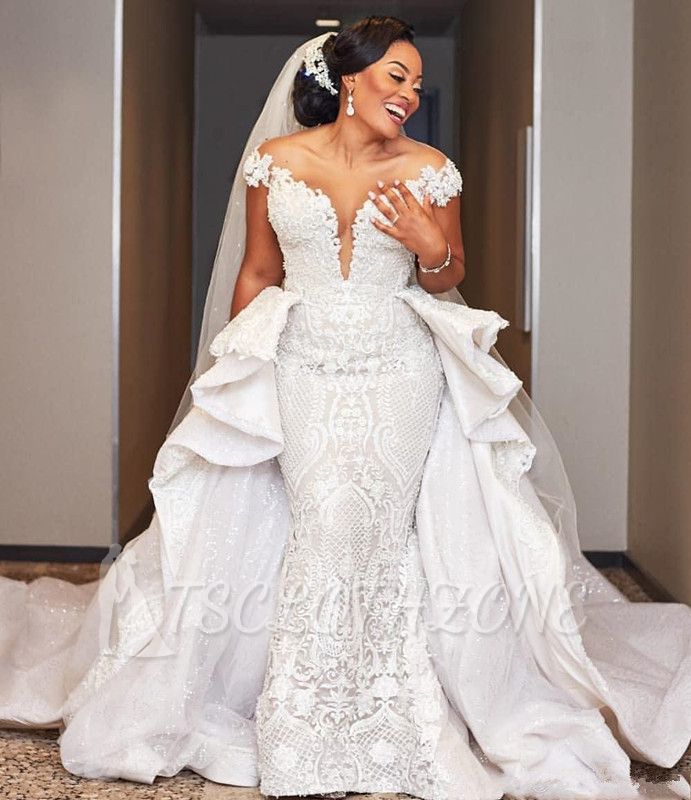 Plus Size Mermaid Lace Overskirt Wedding Dress With Detachable Train, Long  Sleeves, Sweetheart Neckline, And Trumpet Design Vestidos De Novia From  Verycute, $61.85