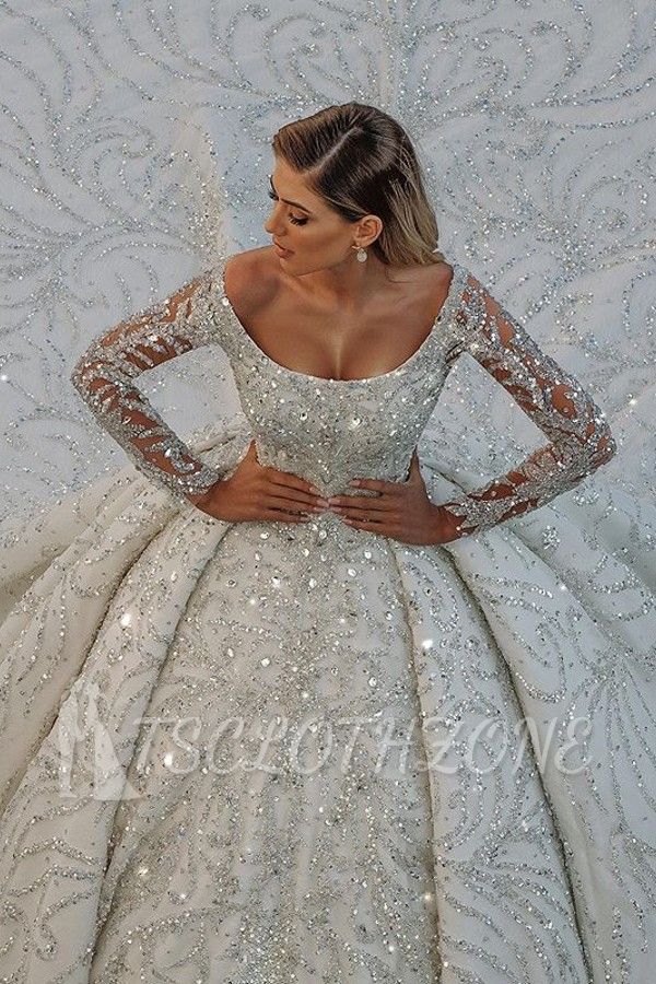 Square neck Lace Ball Gown Long sleeves Wedding Dresses