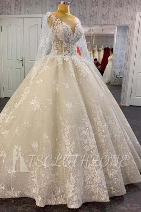 Glamorous Long Sleeves Lace A-line Bridal Gown Pirncess Wedding Dress