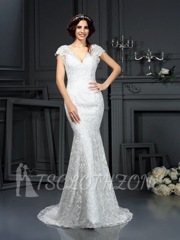 V-neck Mermaid Sleeveless Lace Long Wedding Dresses