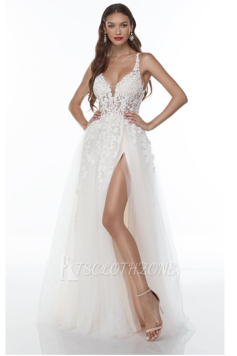 Spaghetti Straps Lace Wedding Gowns Side Split V Neck Bride Dress
