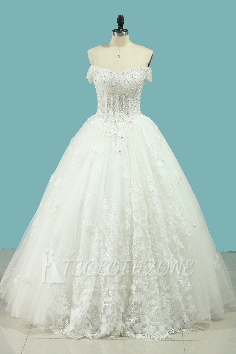 TsClothzone Chic Strapless Sweetheart Tulle Wedding Dress Sleeveless Lace Appliques Bridal Gowns On Sale